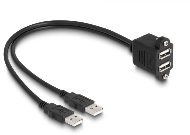 Twee USB-A-stekkers op een zwarte dual-USB-A-poorten-kabeladapter, voor het gelijktijdig aansluiten van meerdere apparaten op één USB-interface.