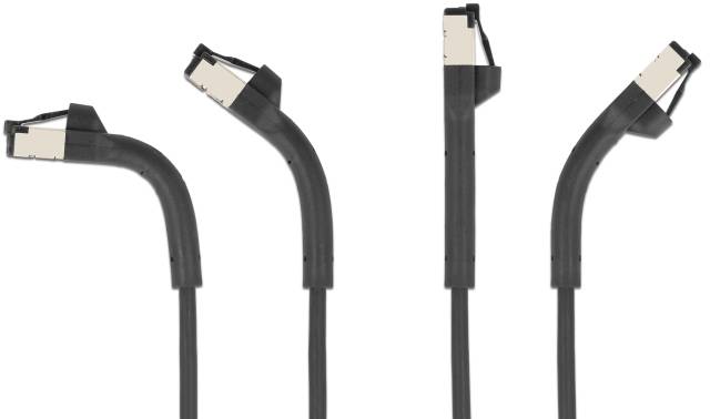 Vier zwarte kabels met L-vormige stekkers die in verschillende richtingen wijzen. Ze hebben zilverkleurige contactpunten aan de uiteinden.