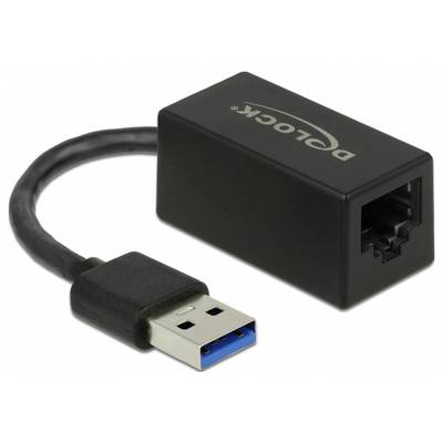 'Delock USB-3.0-naar-Gigabit-Ethernet-adapter' tegen een witte achtergrond. Adapter heeft een USB-stekker en een Ethernet-aansluiting.
