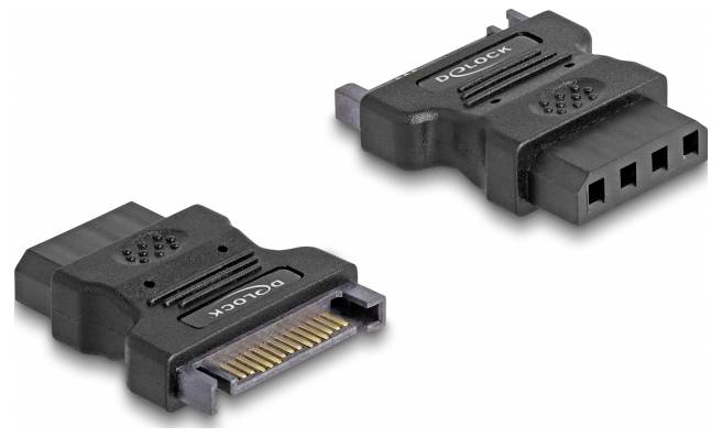 Twee zwarte adapters met 'DELOCK'-opschrift, waarvan er één de pinnen laat zien en de andere de aansluitingen. Ze worden gebruikt voor het verbinden van elektronische apparaten.
