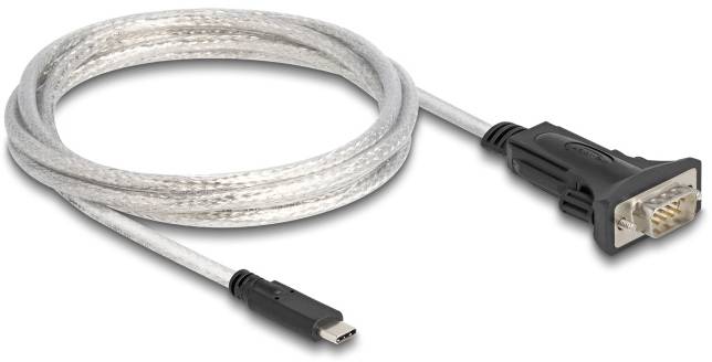 Een USB-naar-RS232-adapterkabel met transparante kabelmantel en zwarte connectoren, die seriële verbindingen ondersteunt.