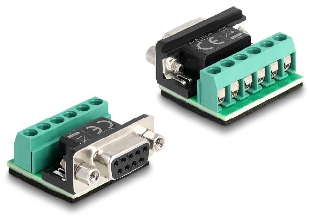 Twee adapters met groene schroefklemmen en DB9-aansluitingen. Eén adapter toont de poort, de andere de onderkant met CE-markering.