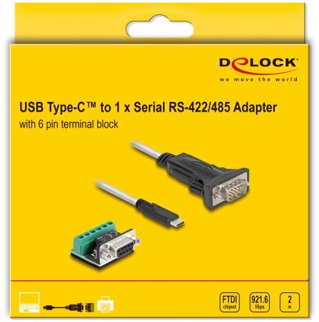 'USB Type-C™ naar 1x Serieel RS-422/485 Adapter met 6-polige Terminal Blok'. Adapter en verbindingskabel afgebeeld op gele verpakking.