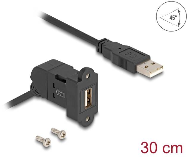 USB-verlengkabel, 30 cm, toont een USB-poort met montageplaat en USB-stekker. Twee schroeven zijn bijgevoegd.