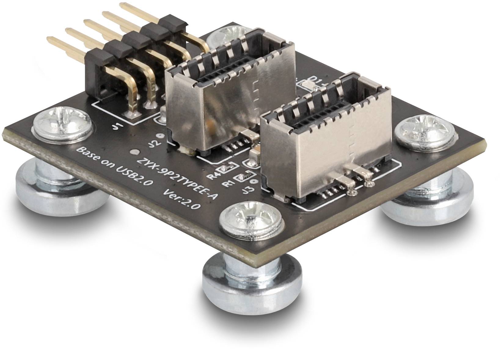 Een USB 2.0 Type A-adapter-module met twee poorten op een kleine printplaat, getoond met aansluitpennen en verhoogde montage op afstandshouders.