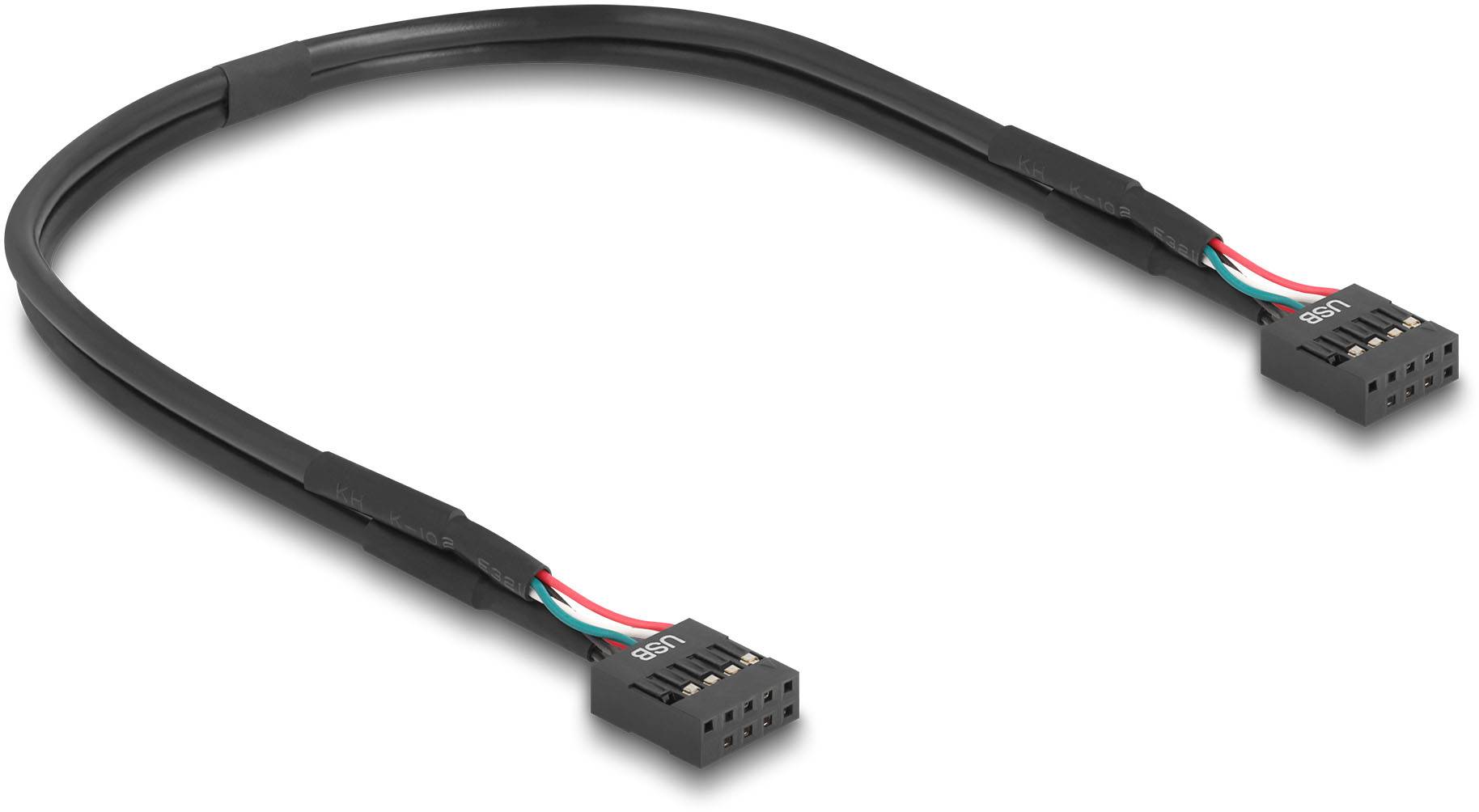 Zwart USB 2.0-verbindingskabel met twee aansluitstekkers, elk gemarkeerd met 'USB'. Vier gekleurde draden zichtbaar: rood, groen, wit en zwart.