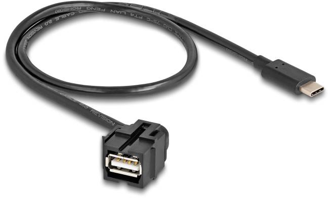 USB-C naar USB-A verlengkabel, zwart. Toont een USB-C-stekker aan de ene kant en een USB-A-poortadapter aan de andere kant.
