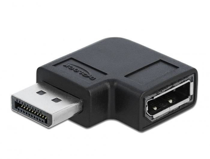 Een zwarte DisplayPort-adapter met een mannelijke en een vrouwelijke aansluitzijde, gebruikt voor het verbinden van kabels.