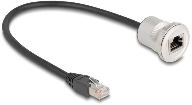 'LAN-kabel met RJ45-stekker en -aansluiting, voor het verbinden van netwerkapparatuur. Zwart, ongeveer 30 cm lang.'