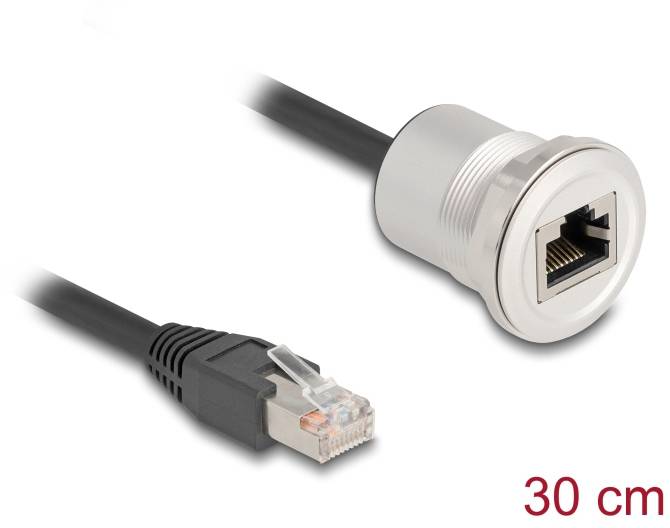 'CAT6 Ethernet-kabel, zwart, 30 cm, met RJ45-connector en metalen bevestigingsbus. Geschikt voor netwerkverbindingen.'