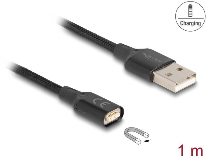 Een USB-stekker en een magnetisch oplaadkabel, omhuld, op een witte achtergrond. Symbool 'Opladen' en '1 m' aangegeven.