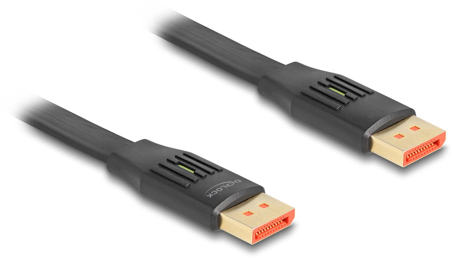 Twee zwarte DisplayPort-kabels met gouden aansluitingen en oranje stekkers, geschikt voor het verbinden van monitoren met computers.