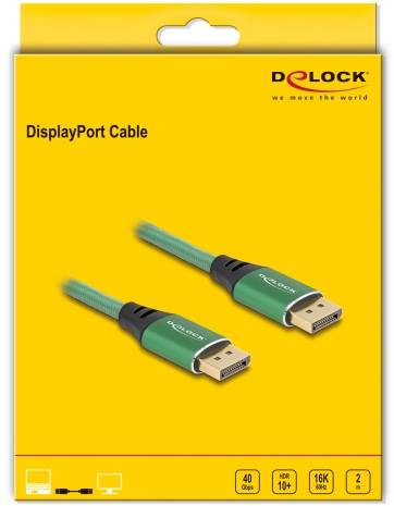 'DisplayPort-kabel' op gele achtergrond, groene stekkers met 'Delock'-logo, ondersteunt 40 Gbps, HDR 10+, 16K resolutie, 2 meter lang.