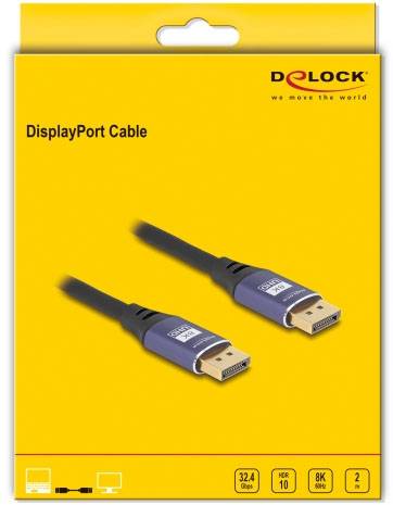 'DisplayPort Kabel' verpakking van DeLock, toont kabel met 32,4 Gbps, HDR 10, 8K ondersteuning, versie 2. Verpakking is geel.