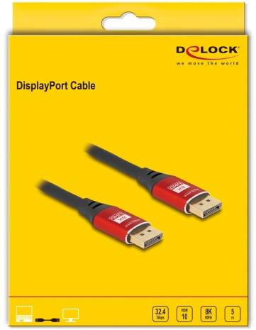 Verpakking van een DisplayPort-kabel met afbeelding van de kabeluiteinden en merklogo. Ondersteunt 32,4 Gbps, HDR 10, 8K, 5 meter.