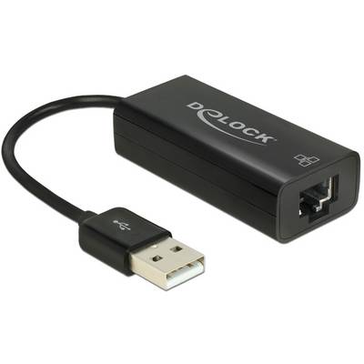 USB-naar-Ethernet-adapter: Een zwart apparaat met een USB-aansluiting aan de ene kant en een netwerkinterface aan de andere kant.