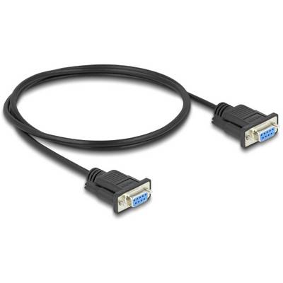 Zwart serieel RS-232-kabel met twee DB-9-connectoren aan beide uiteinden op een witte achtergrond.