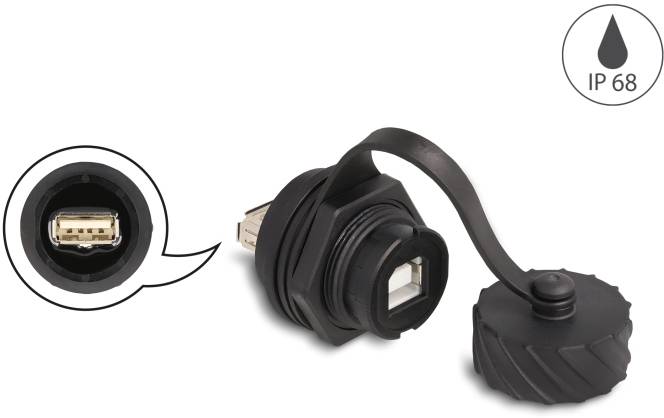 'USB-stekker met beschermkap, water- en stofbestendig volgens IP68. Gedetailleerde weergave van de aansluiting.'