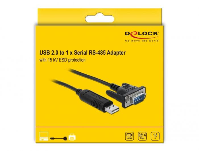 'USB 2.0 naar 1 x Serieel RS-485 Adapter' van Delock. Bevat ESD-bescherming tot 15 kV. Productafbeelding toont kabel en adapteraansluiting.