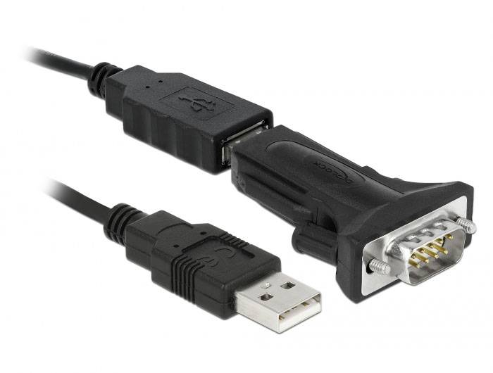 Zwart USB-naar-serieel adapterkabel. Links een USB-stekker, rechts een RS-232-stekker. Wordt gebruikt voor het verbinden van apparaten.