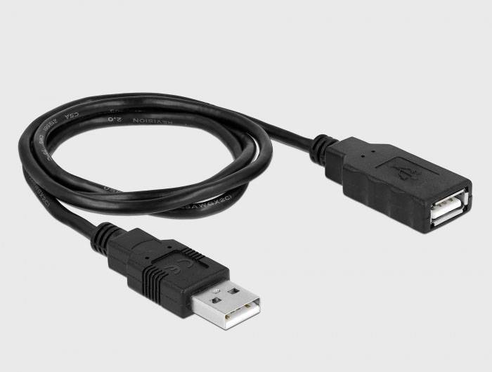 Een USB-verlengkabel met een mannelijke en een vrouwelijke connector wordt getoond op een grijze achtergrond.
