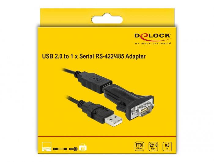 'USB 2.0 naar 1 x Serieel RS-422/485 Adapter' op gele verpakking. Bevat afbeeldingen van USB- en seriële aansluitingen. Merknaam rechtsboven.