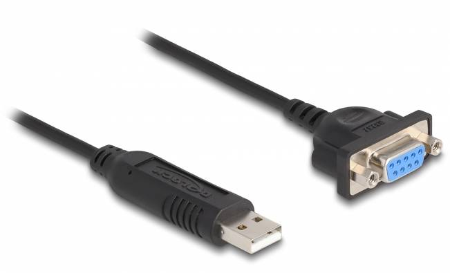 USB-naar-serieel adapterkabel: Links een USB-stekker, rechts een seriële DB9-stekker, zwarte kabel verbindt de twee.