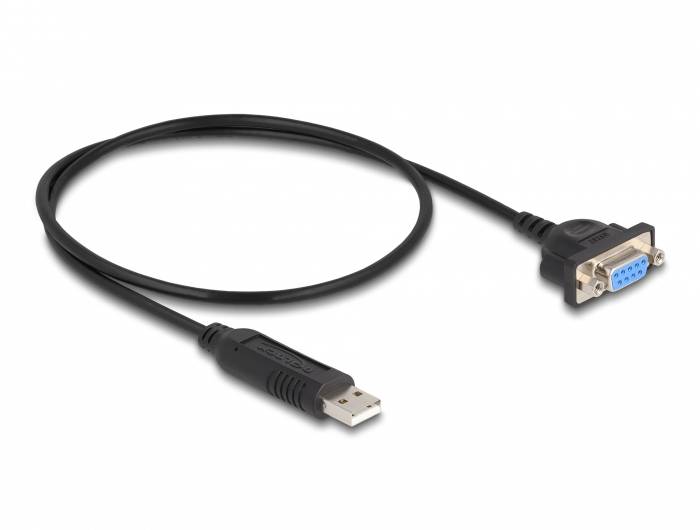 Zwart USB-naar-serieel kabel met USB-stekker aan de linkerkant en een negenpolige DE-9-stekker aan de rechterkant.