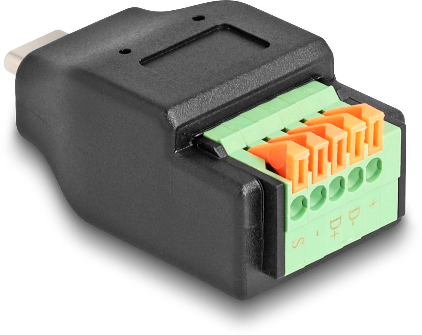 Zwarte USB-C-stekkeradapter met groene en oranje schroefklemmen voor het aansluiten van draden. Geschikt voor DIY-projecten.