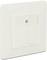 Witte wandcontactdoos met twee klepjes, geschikt voor netwerkaansluitingen, gemonteerd aan een witte muur.