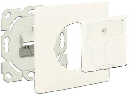 Onderdelen van een lichtschakelaar: metalen frame, centrale eenheid met een cirkelvormige uitsparing, en een witte afdekplaat voor eenvoudige montage.