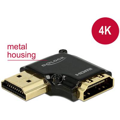 Adapter met HDMI-aansluiting in metalen behuizing, geschikt voor 4K-resolutie, zwart ontwerp met 'Delock' logo op de bovenkant.