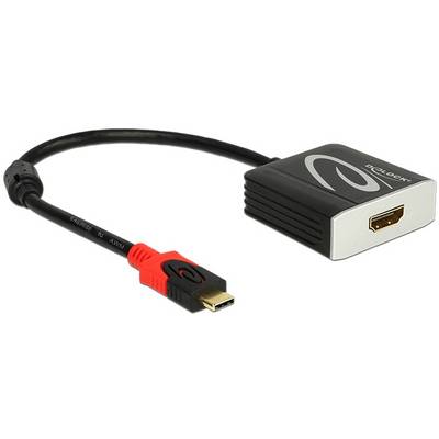 Zwarte en rode adapter van Mini DisplayPort naar HDMI, die digitale video- en audiosignalen overdraagt. Kabel toont aansluiting en stekker.