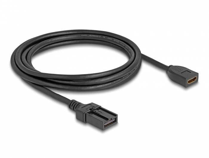 Een zwart HDMI-kabel met mannelijke en vrouwelijke aansluiting.