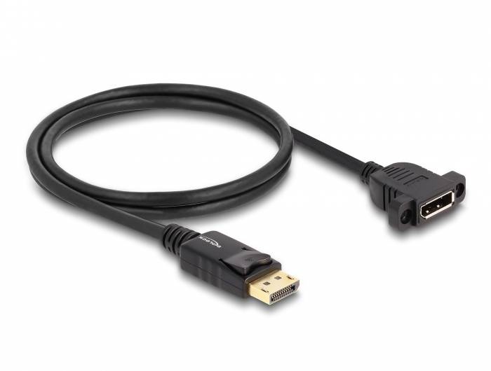 Een zwart DisplayPort-kabel met een mannelijke en een vrouwelijke aansluiting, geschikt voor het verbinden van videoapparatuur.
