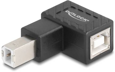USB-B naar USB-B adapter met haakse aansluiting. Wordt gebruikt voor het aansluiten van USB-apparaten in beperkte ruimtes.