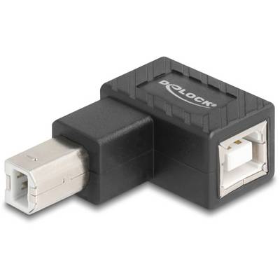 USB-adapter met haakse ontwerp in het zwart. Aan de ene kant een USB Type B stekker, aan de andere kant een USB Type B bus. Merknaam 'DELOCK' zichtbaar.