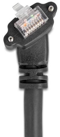 Close-up van een zwart Ethernet-kabel met RJ45-connector, gebruikt voor het verbinden van netwerkapparatuur.