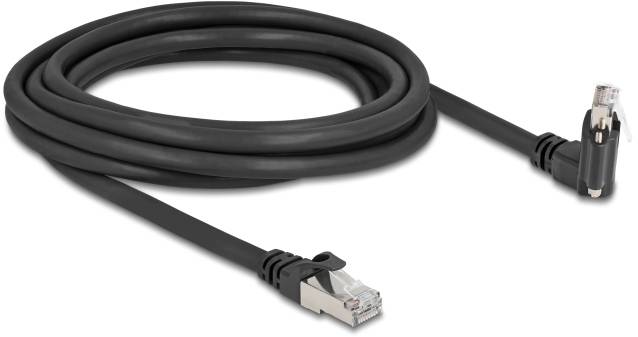Een zwart Ethernet-kabel met RJ45-aansluitingen aan beide uiteinden, gebruikt voor netwerkaansluiting tussen apparaten.