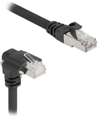 Netwerkkabel met twee haaks geplaatste RJ45-connectoren, geschikt voor Ethernet-verbindingen in krappe ruimtes.