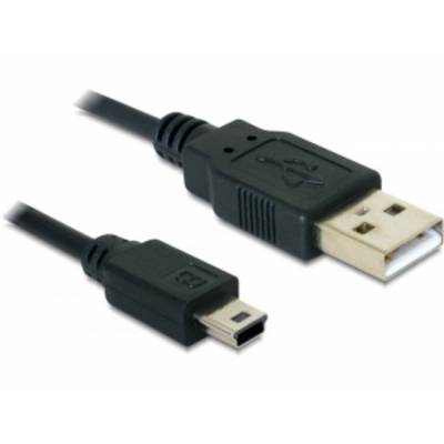 Een USB-kabel met een standaard USB-stekker aan de rechterkant en een Mini-USB-stekker aan de linkerkant.