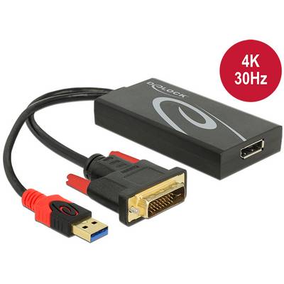 Adapter met DVI- en USB-aansluitingen, maakt 4K-uitvoer mogelijk bij 30Hz. Zwarte behuizing met rode details. Ideaal voor video-overdrachten.