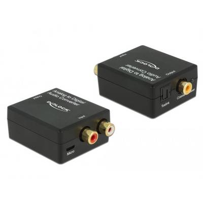 Twee zwarte audio-converters met digitaal-naar-analoog en analoog-naar-digitaal functionaliteit. Aansluitingen voor Toslink, Coax en RCA.