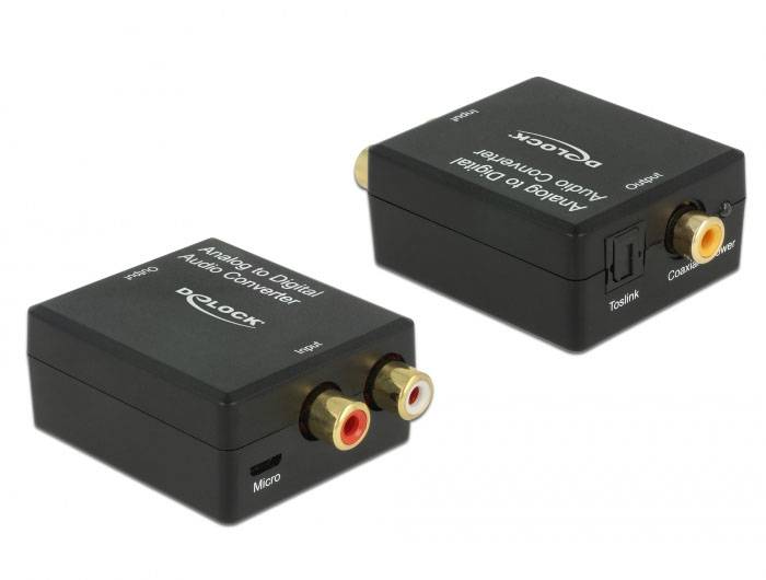 Twee zwarte audioconverters met aansluitingen voor Toslink, Coaxiaal en RCA. Aanduiding: 'Analoog naar Digitaal Audio Converter'.
