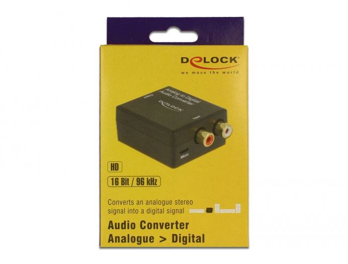Verpakking van een DeLOCK audio-converter die analoge stereosignalen omzet naar digitale signalen. Ondersteunt 16 bit/96 kHz.