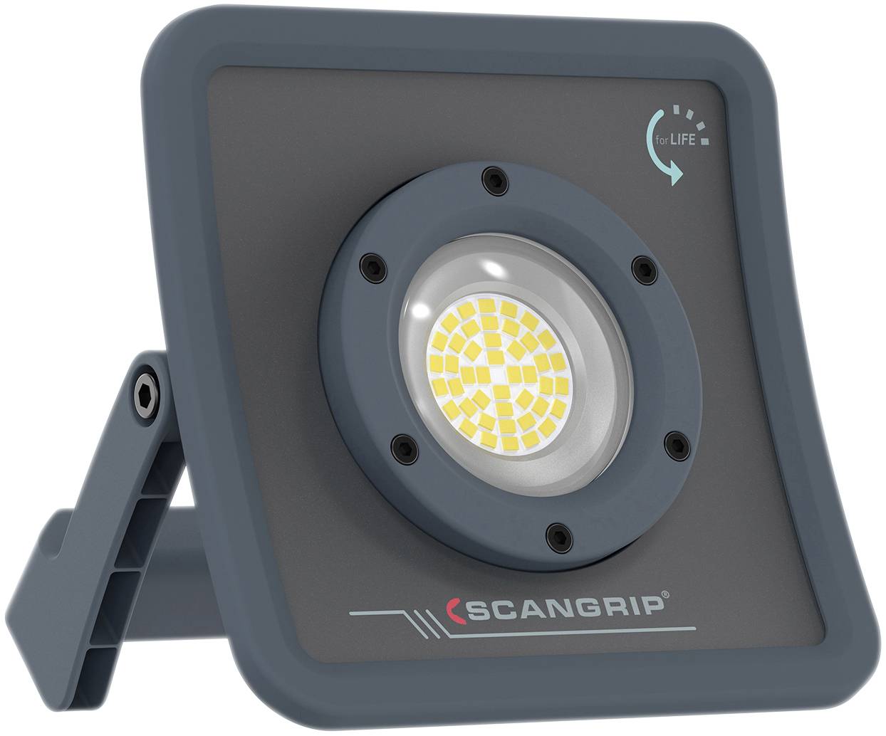 Een draagbare LED-werkverlichting met een grijs behuizing en opvouwbare standaard, geschikt voor bouwplaatsverlichting.