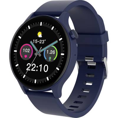 Een blauwe smartwatch toont het display met de tijd 22:10, hartfrequentie 102 en verbrande calorieën 1,26 kcal.