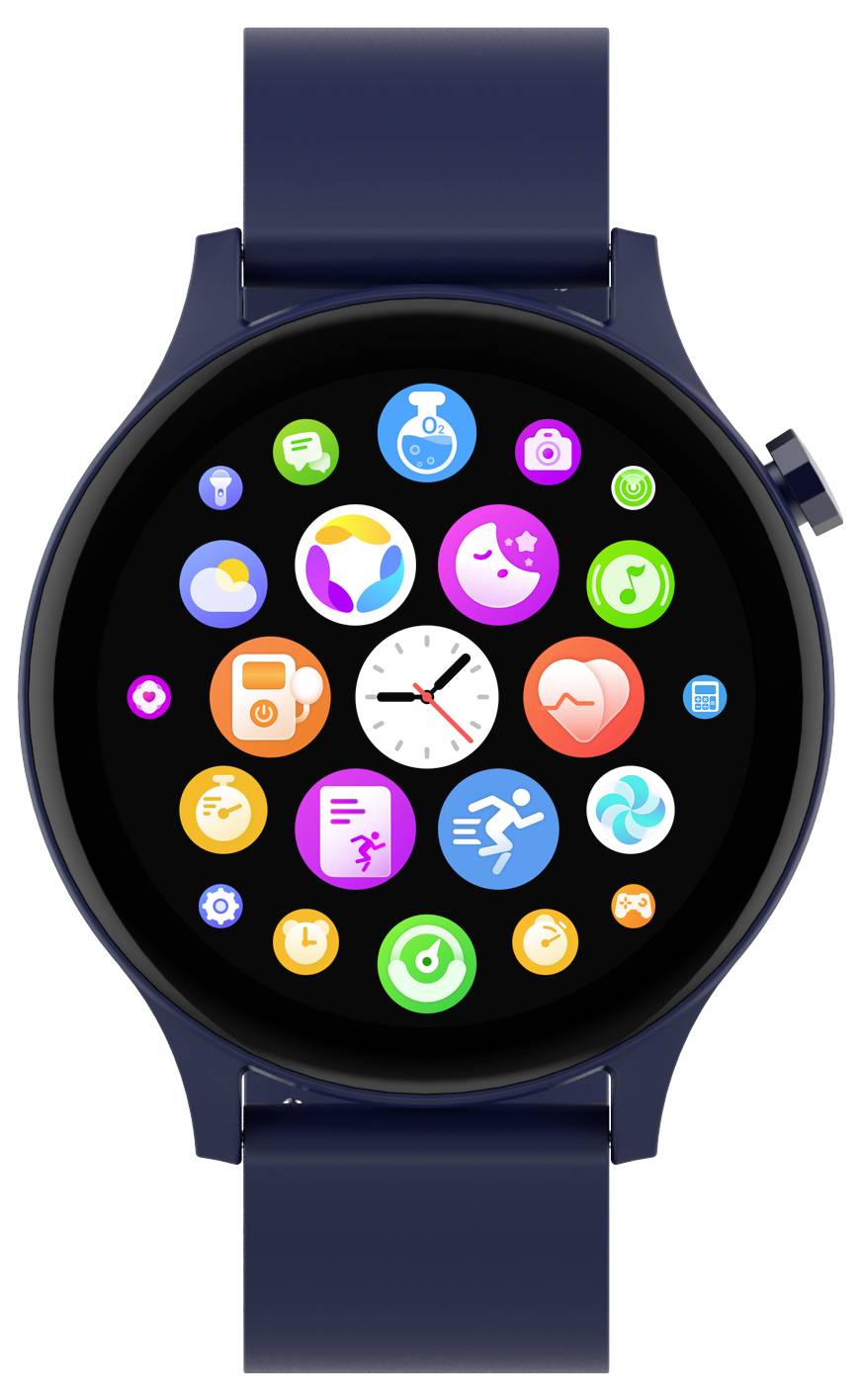 Smartwatch met rond display, met apps zoals klok, gezondheid en fitness. Donkerblauw bandje. Hoofdmenuweergave.