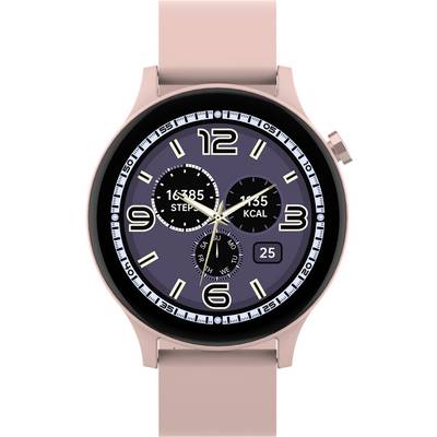 Een roze smartwatch met een analoog wijzerplaat toont de tijd. Digitale displays tonen 16.385 stappen en 1.355 kcal.