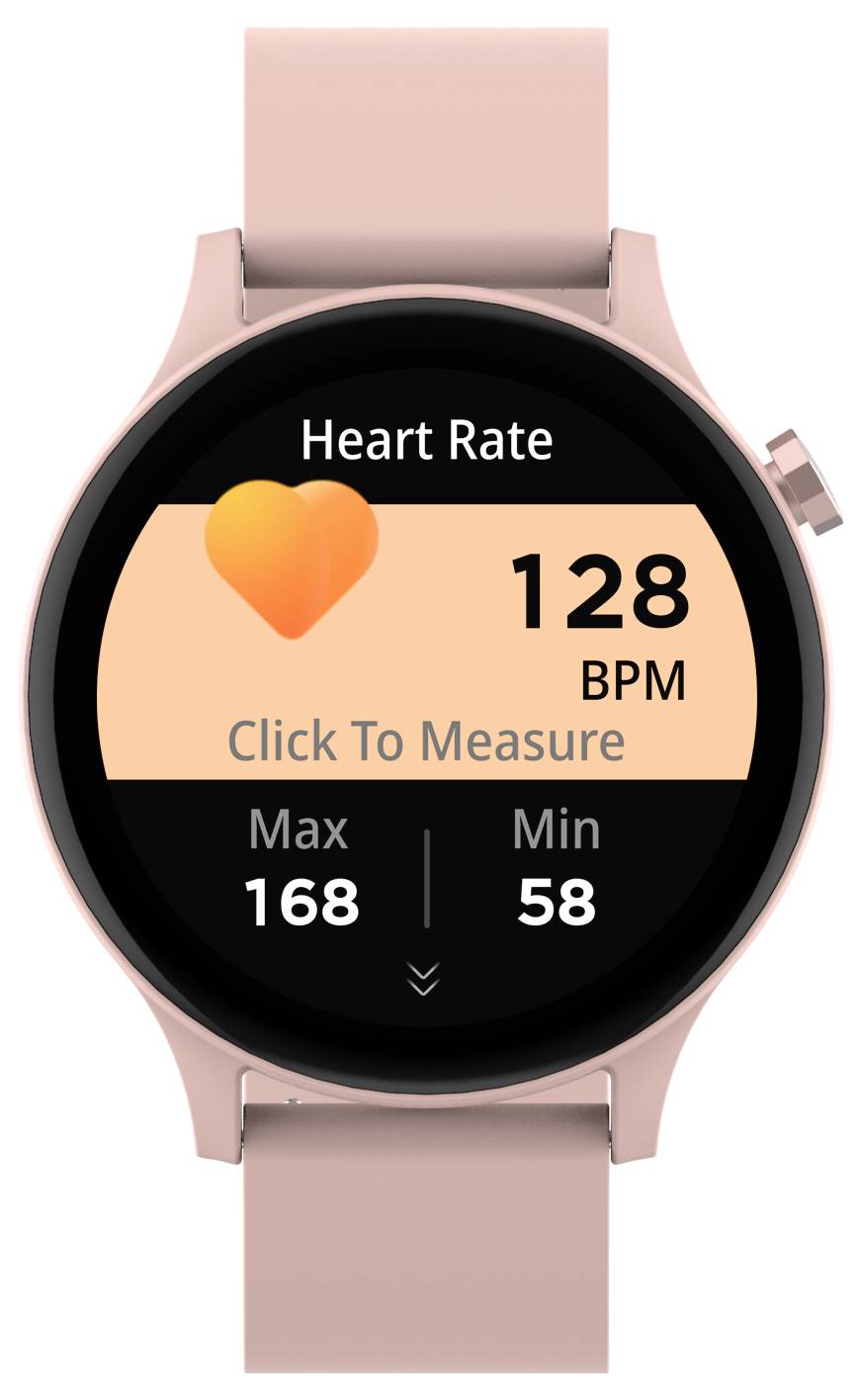 Smartwatch met roze bandje toont 'Hartfrequentie 128 BPM'. Maximumwaarde 168, minimumwaarde 58. Hartsymbool linksboven.